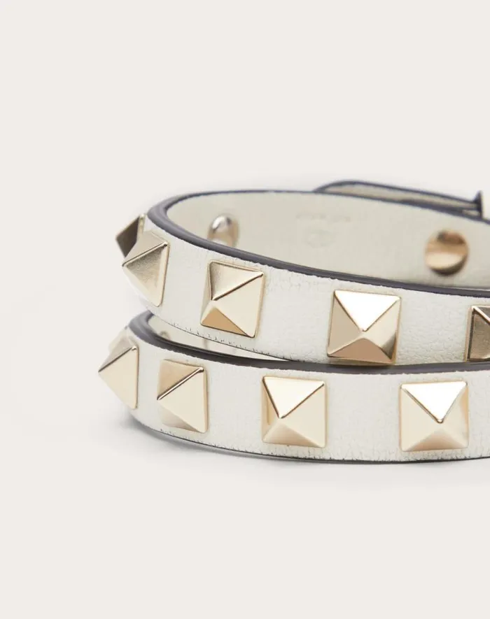 Valentino Jewelry Woman Rockstud Calfskin Doublestrap Bracelet For Woman In Black Black