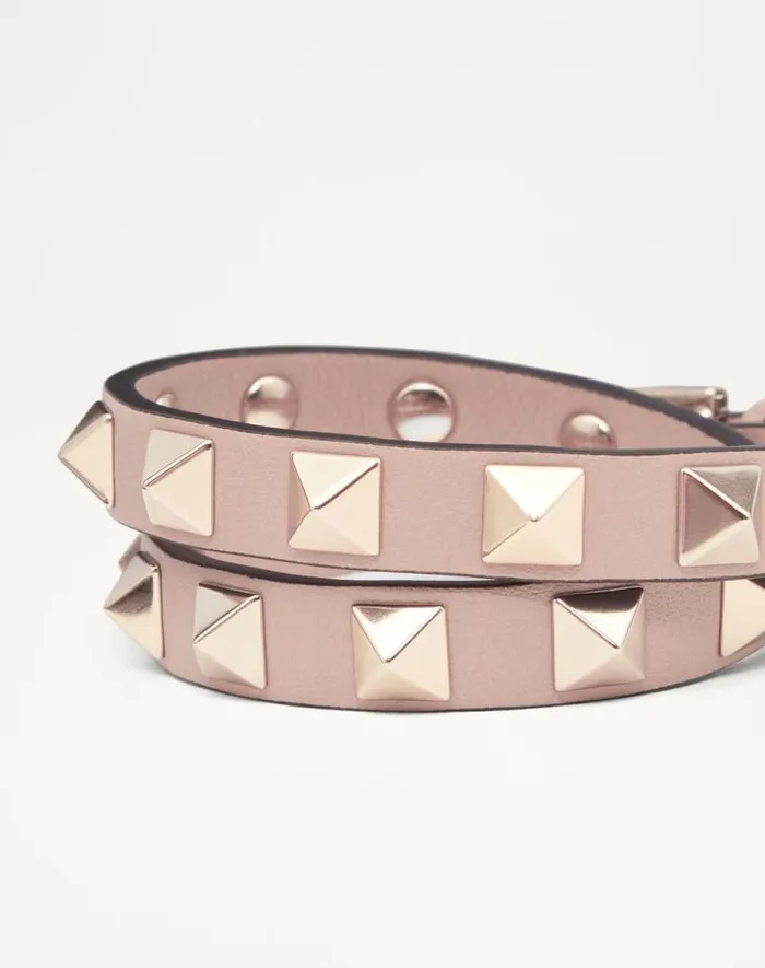 Valentino Jewelry Woman Rockstud Calfskin Doublestrap Bracelet For Woman In Black Black