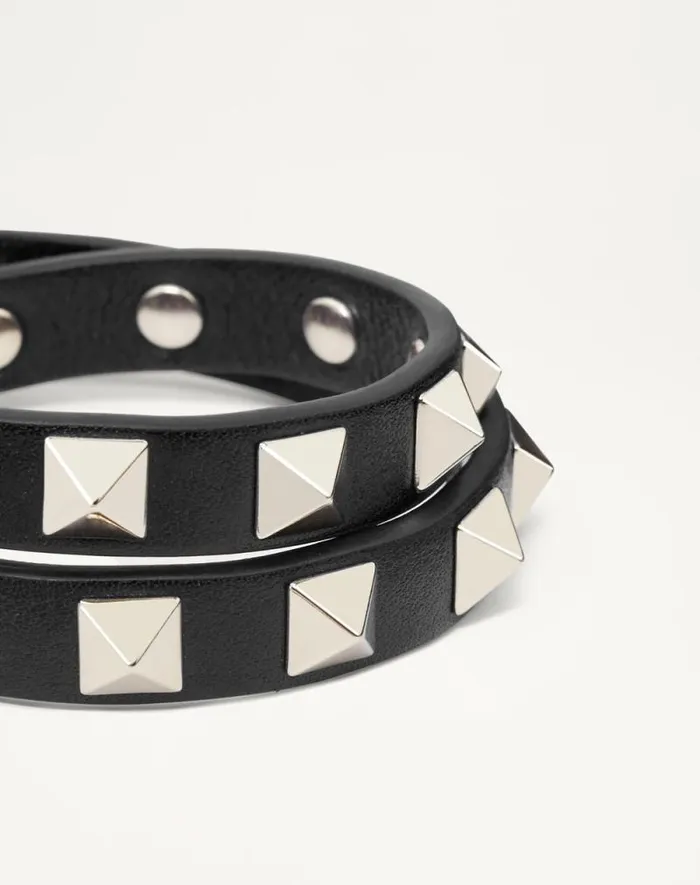 Valentino Jewelry Woman Rockstud Calfskin Doublestrap Bracelet For Woman In Black Black