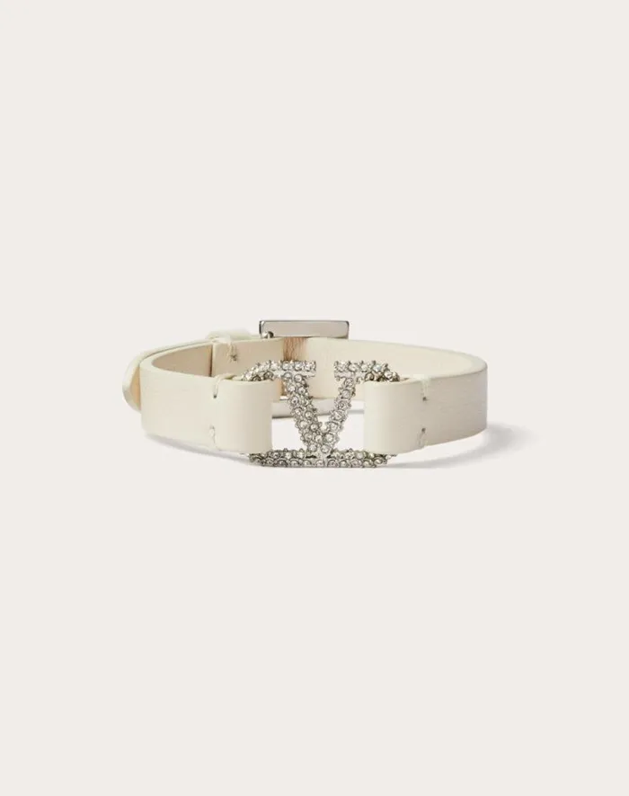 Valentino Jewelry Woman Valentino Garavani Vlogo Signature Leather And Crystal Bracelet For Woman In Light Ivory Light Ivory