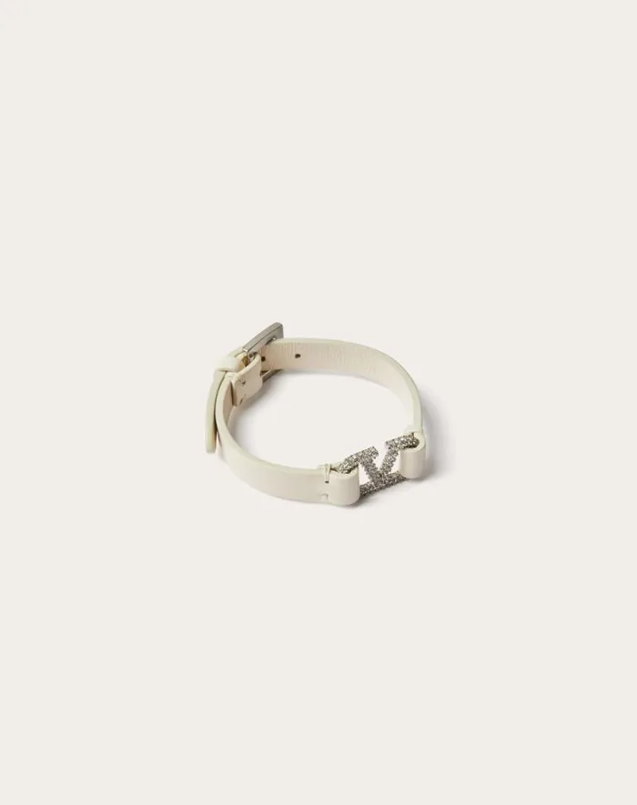Valentino Jewelry Woman Valentino Garavani Vlogo Signature Leather And Crystal Bracelet For Woman In Light Ivory Light Ivory Valentino Jewelry Woman Valentino Garavani Vlogo Signature Leather And Crystal Bracelet For Woman In Light Ivory Light Ivory
