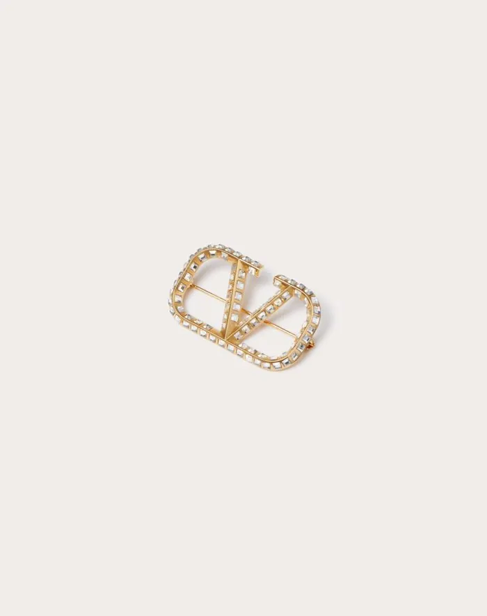 Valentino Jewelry Woman Vlogo Signature Metal Brooch With Swarovski Crystals For Woman In Goldcrystal Goldcrystal