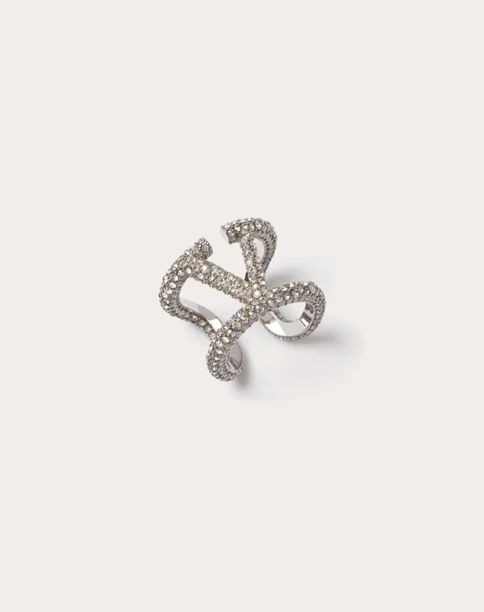 Valentino Jewelry Woman Vlogo Signature Ring In Metal And Swarovski Crystals For Woman In Goldcrystal Goldcrystal