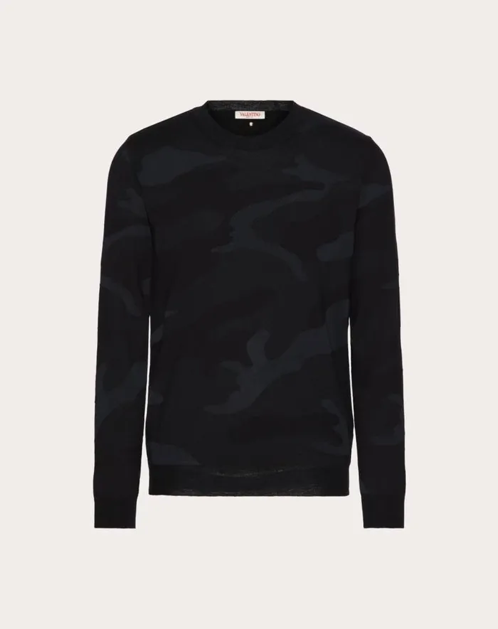 Valentino Knitwear Man Crewneck Wool Sweater With Camounoir Pattern For Man In Black Black