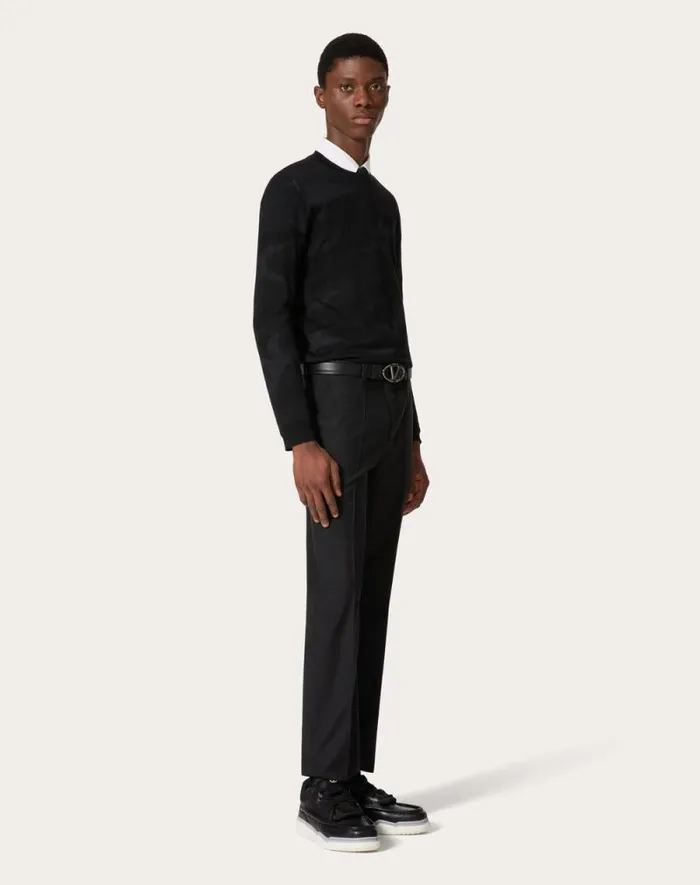 Valentino Knitwear Man Crewneck Wool Sweater With Camounoir Pattern For Man In Black Black Valentino Knitwear Man Crewneck Wool Sweater With Camounoir Pattern For Man In Black Black