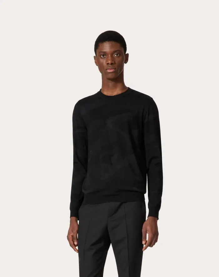 Valentino Knitwear Man Crewneck Wool Sweater With Camounoir Pattern For Man In Black Black Valentino Knitwear Man Crewneck Wool Sweater With Camounoir Pattern For Man In Black Black