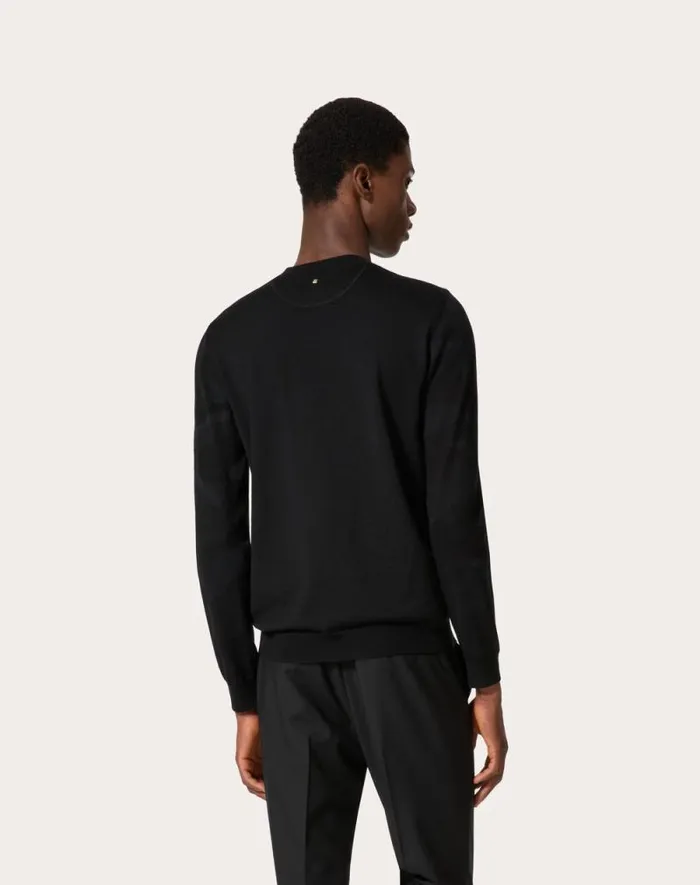 Valentino Knitwear Man Crewneck Wool Sweater With Camounoir Pattern For Man In Black Black Valentino Knitwear Man Crewneck Wool Sweater With Camounoir Pattern For Man In Black Black
