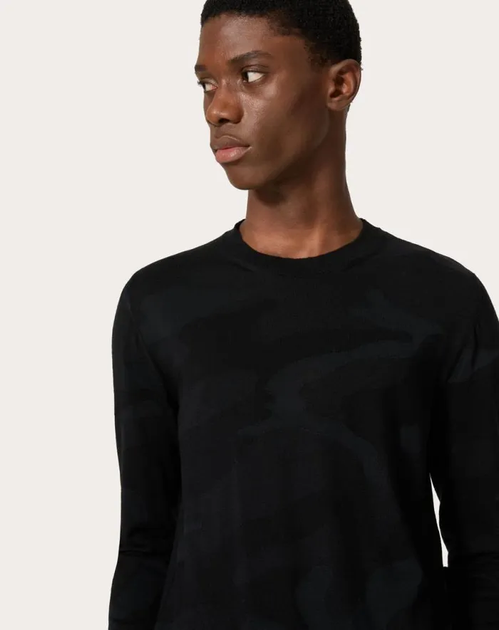 Valentino Knitwear Man Crewneck Wool Sweater With Camounoir Pattern For Man In Black Black Valentino Knitwear Man Crewneck Wool Sweater With Camounoir Pattern For Man In Black Black