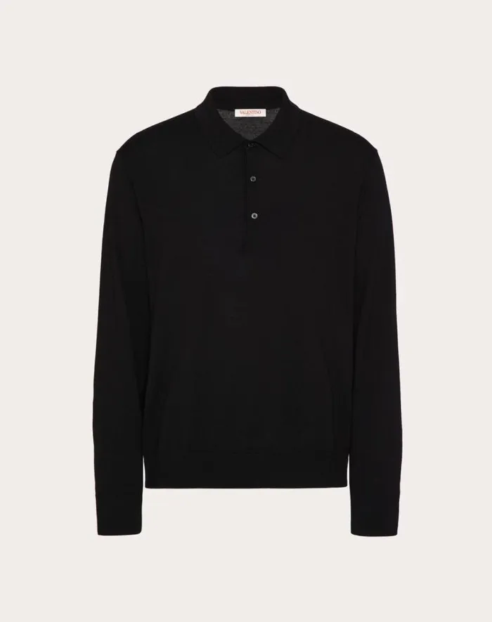 Valentino Knitwear Man Longsleeve Wool Polo Shirt With Vlogo Signature Embroidery For Man In Dark Grey Dark Grey