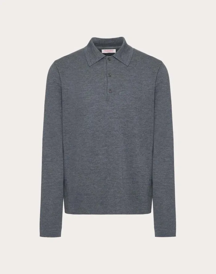 Valentino Knitwear Man Longsleeve Wool Polo Shirt With Vlogo Signature Embroidery For Man In Dark Grey Dark Grey Valentino Knitwear Man Longsleeve Wool Polo Shirt With Vlogo Signature Embroidery For Man In Dark Grey Dark Grey
