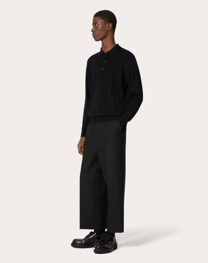 Valentino Knitwear Man Longsleeve Wool Polo Shirt With Vlogo Signature Embroidery For Man In Dark Grey Dark Grey Valentino Knitwear Man Longsleeve Wool Polo Shirt With Vlogo Signature Embroidery For Man In Dark Grey Dark Grey