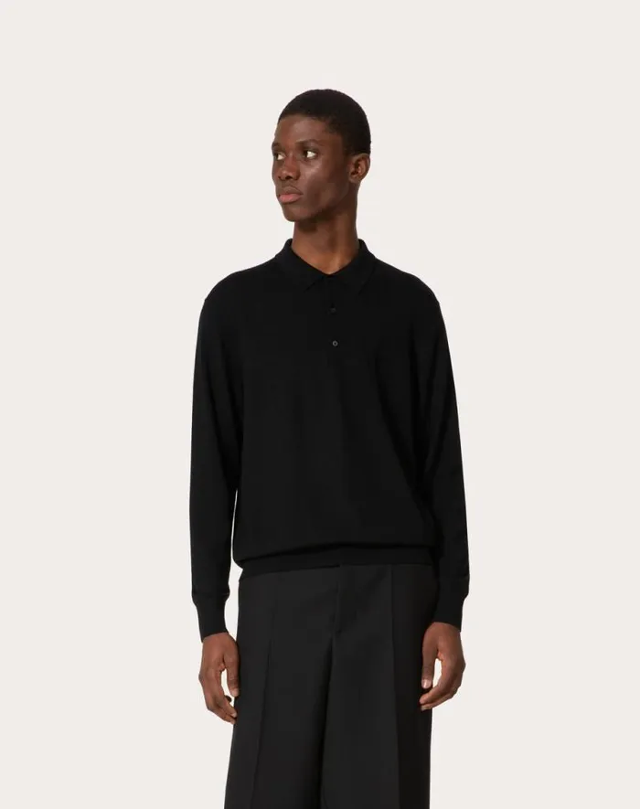 Valentino Knitwear Man Longsleeve Wool Polo Shirt With Vlogo Signature Embroidery For Man In Dark Grey Dark Grey Valentino Knitwear Man Longsleeve Wool Polo Shirt With Vlogo Signature Embroidery For Man In Dark Grey Dark Grey