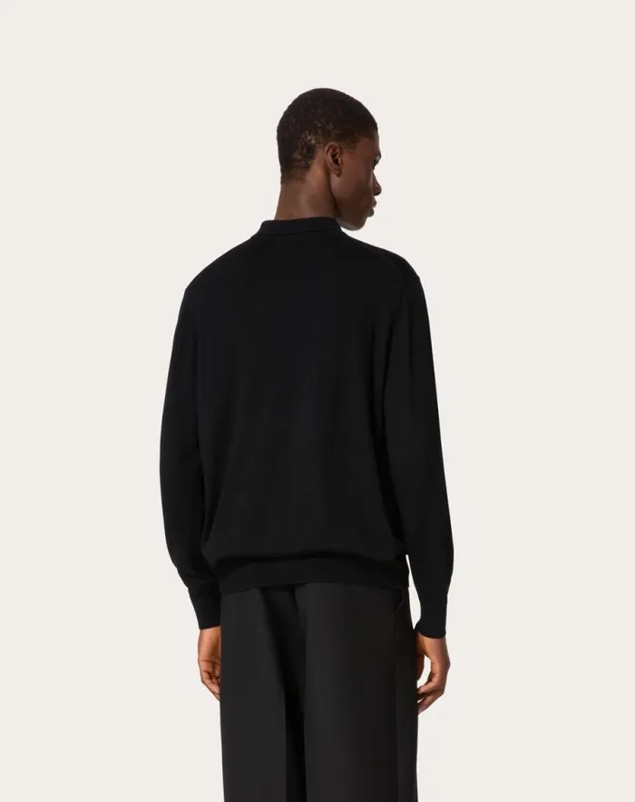 Valentino Knitwear Man Longsleeve Wool Polo Shirt With Vlogo Signature Embroidery For Man In Dark Grey Dark Grey Valentino Knitwear Man Longsleeve Wool Polo Shirt With Vlogo Signature Embroidery For Man In Dark Grey Dark Grey