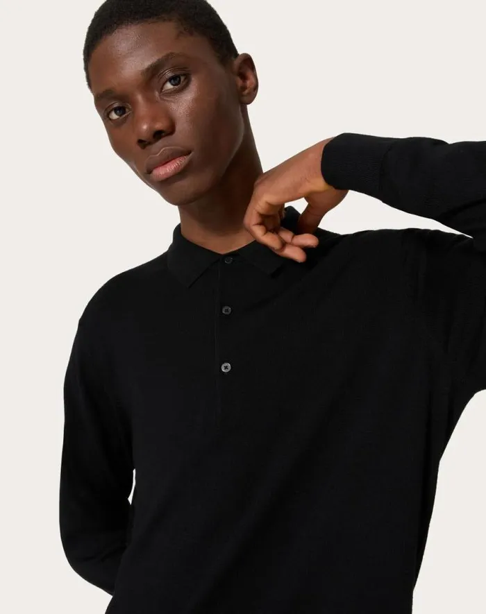 Valentino Knitwear Man Longsleeve Wool Polo Shirt With Vlogo Signature Embroidery For Man In Dark Grey Dark Grey Valentino Knitwear Man Longsleeve Wool Polo Shirt With Vlogo Signature Embroidery For Man In Dark Grey Dark Grey