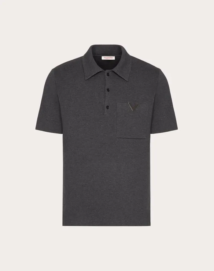 Valentino Knitwear Man Stretch Cotton Polo Shirt With Metallic V Detail For Man In Grey Grey