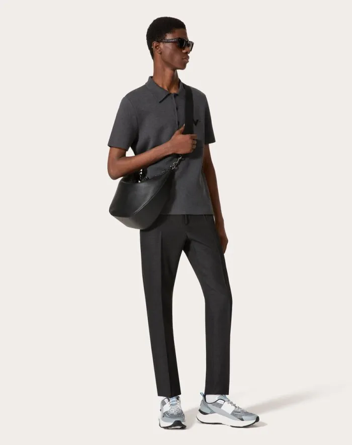 Valentino Knitwear Man Stretch Cotton Polo Shirt With Metallic V Detail For Man In Grey Grey