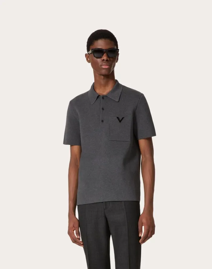 Valentino Knitwear Man Stretch Cotton Polo Shirt With Metallic V Detail For Man In Grey Grey