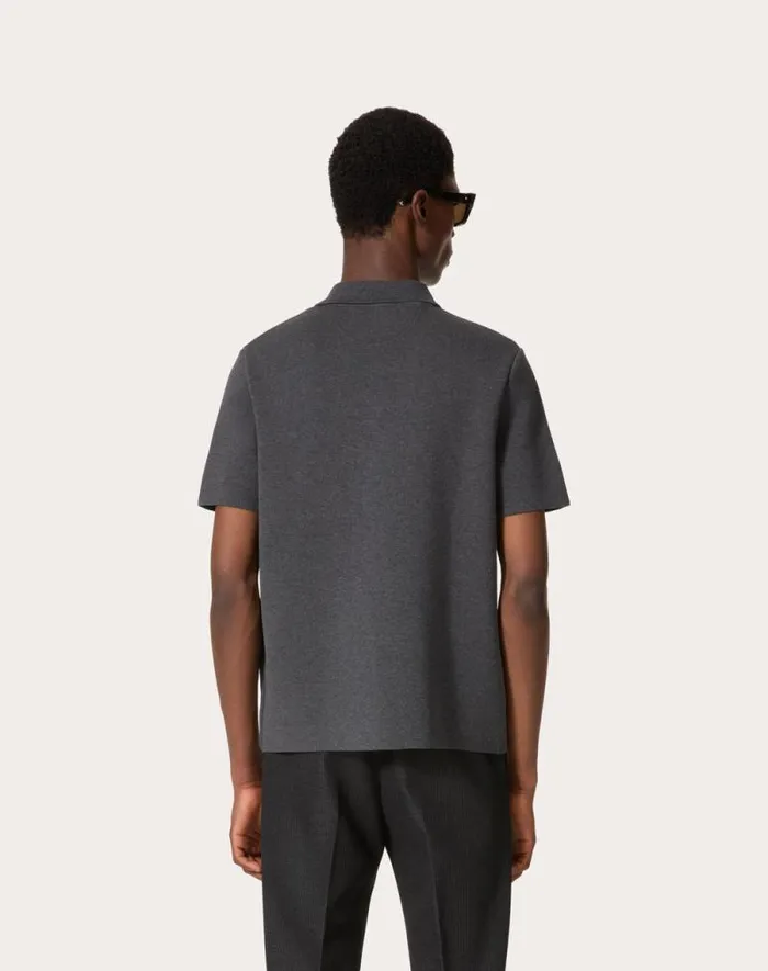 Valentino Knitwear Man Stretch Cotton Polo Shirt With Metallic V Detail For Man In Grey Grey
