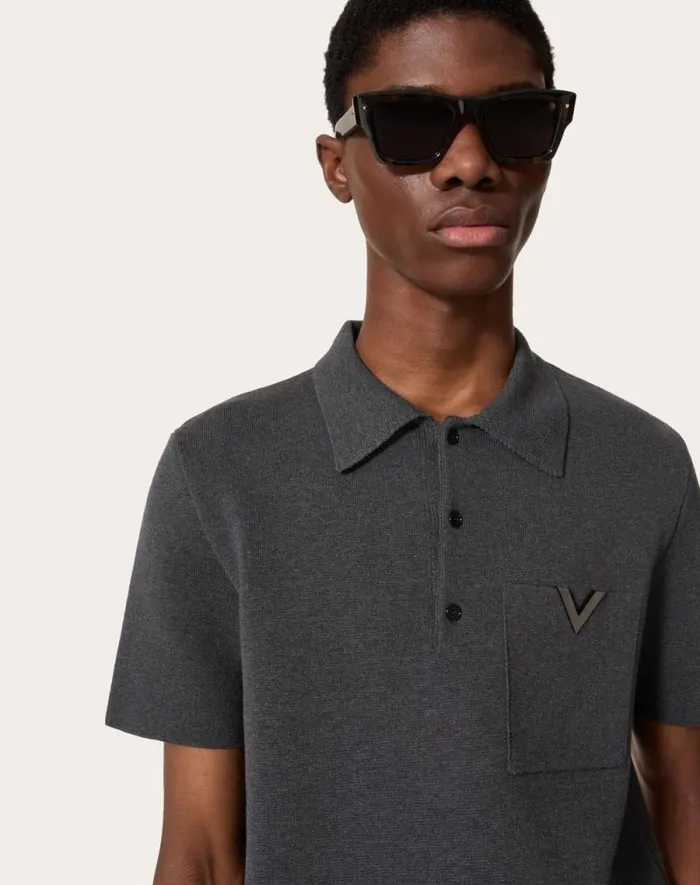 Valentino Knitwear Man Stretch Cotton Polo Shirt With Metallic V Detail For Man In Grey Grey
