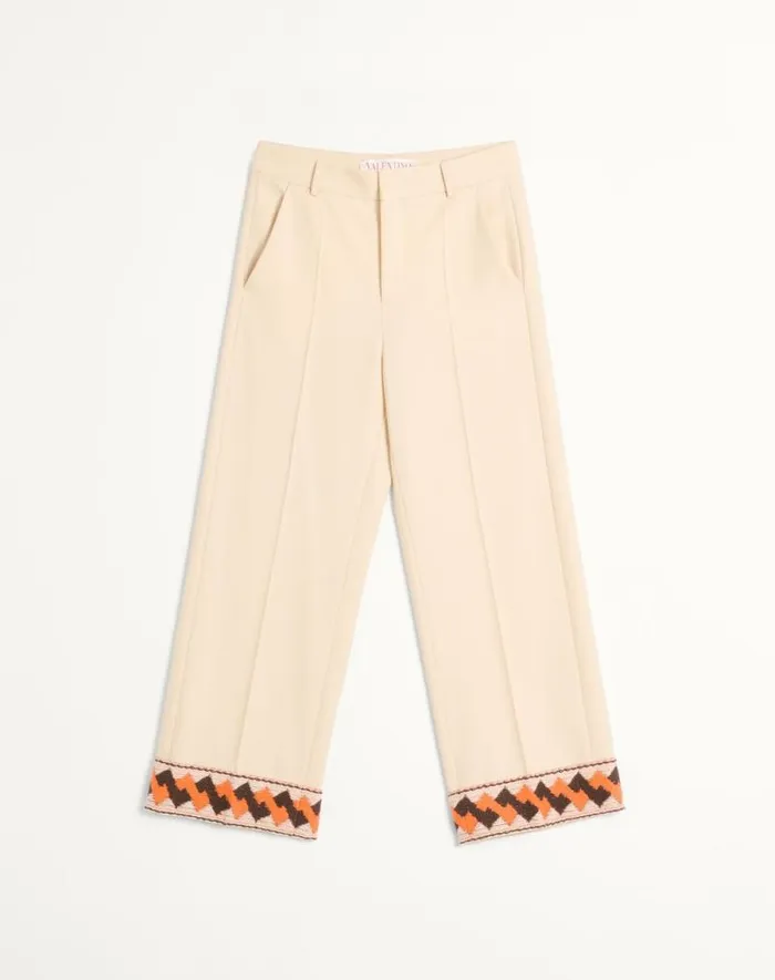 Valentino Pants And Shorts Man Wool Gabardine Trousers With Jacquard Hem For Man In Butter Butter Valentino Pants And Shorts Man Wool Gabardine Trousers With Jacquard Hem For Man In Butter Butter