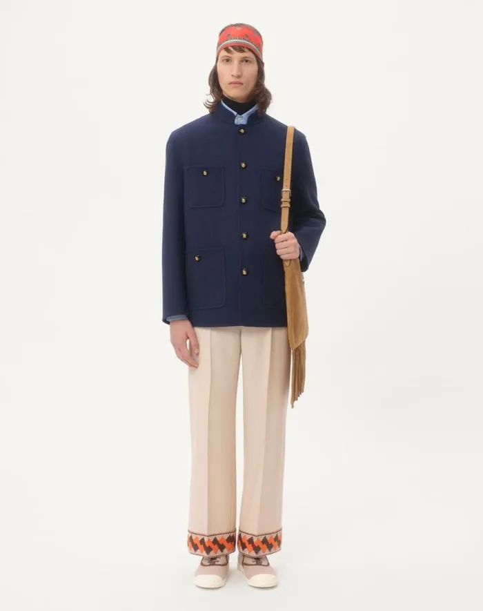 Valentino Pants And Shorts Man Wool Gabardine Trousers With Jacquard Hem For Man In Butter Butter Valentino Pants And Shorts Man Wool Gabardine Trousers With Jacquard Hem For Man In Butter Butter