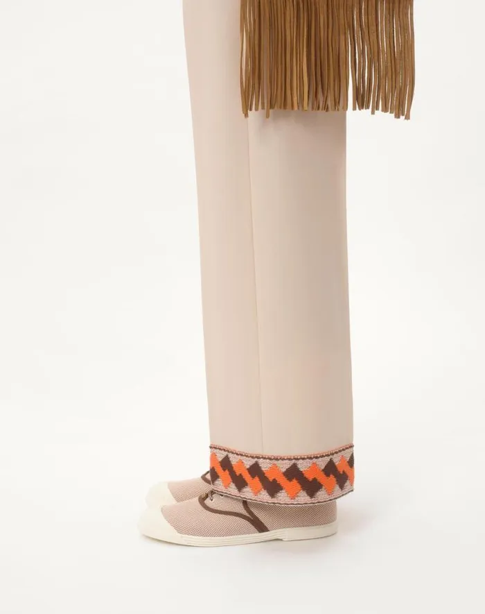 Valentino Pants And Shorts Man Wool Gabardine Trousers With Jacquard Hem For Man In Butter Butter Valentino Pants And Shorts Man Wool Gabardine Trousers With Jacquard Hem For Man In Butter Butter