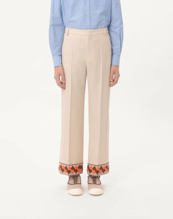 Valentino Pants And Shorts Man Wool Gabardine Trousers With Jacquard Hem For Man In Butter Butter Valentino Pants And Shorts Man Wool Gabardine Trousers With Jacquard Hem For Man In Butter Butter