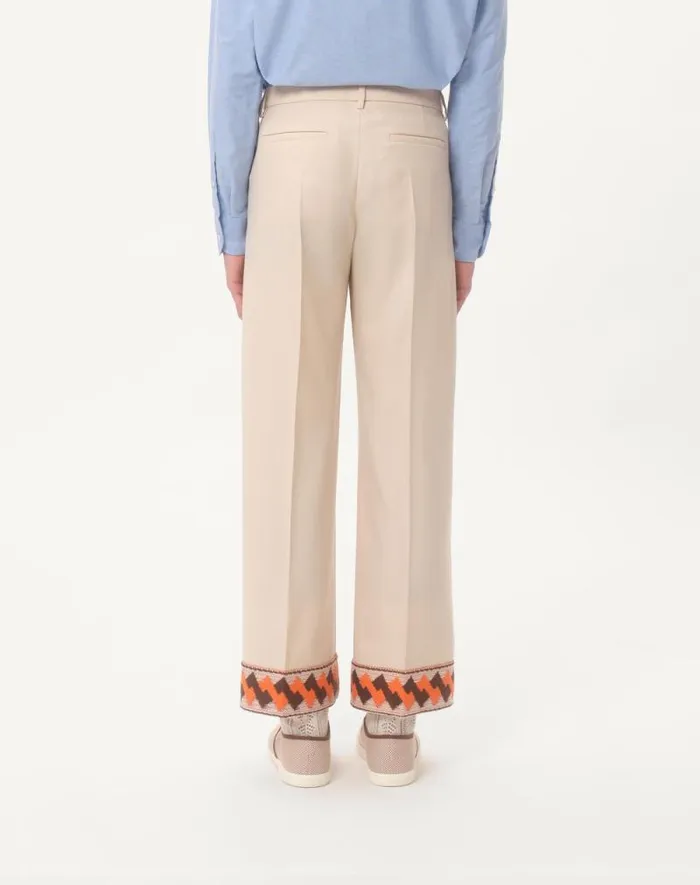 Valentino Pants And Shorts Man Wool Gabardine Trousers With Jacquard Hem For Man In Butter Butter Valentino Pants And Shorts Man Wool Gabardine Trousers With Jacquard Hem For Man In Butter Butter