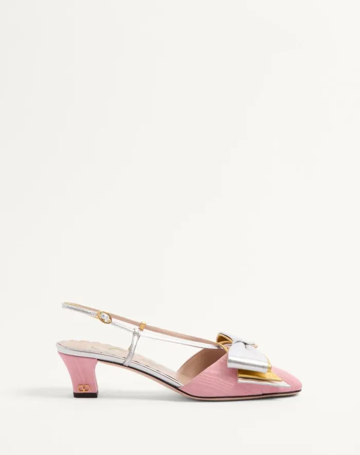 Valentino Pumps Woman Bowow Slingback Pumps In Moir Fabric 45mm For Woman In Blacksilver Blacksilver Valentino Pumps Woman Bowow Slingback Pumps In Moir Fabric 45mm For Woman In Blacksilver Blacksilver
