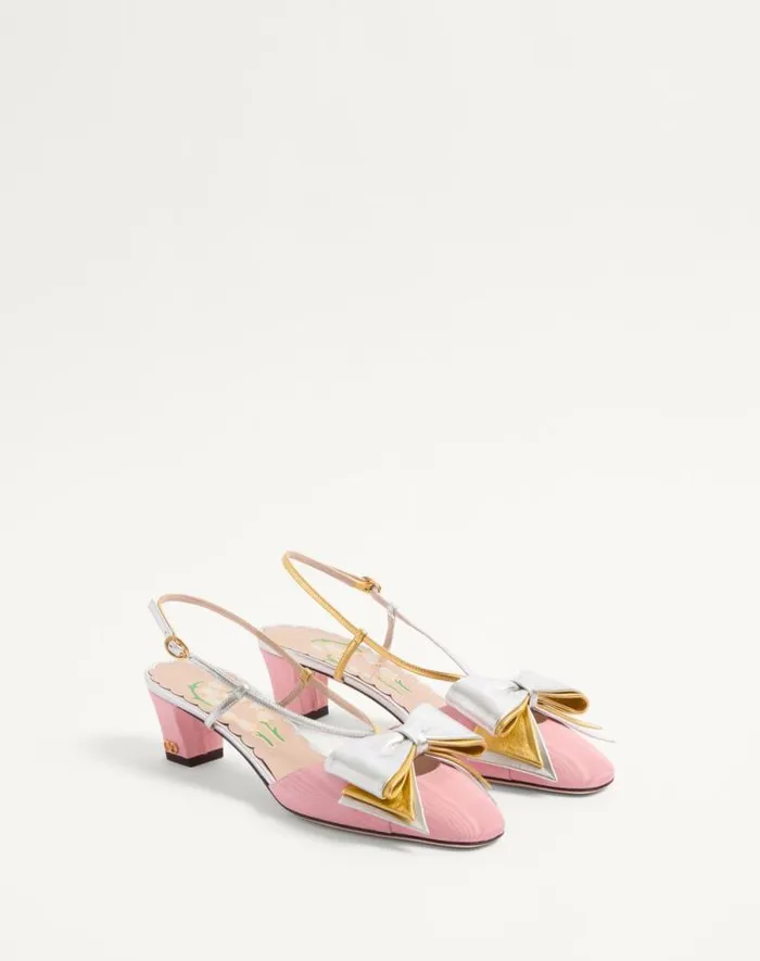 Valentino Pumps Woman Bowow Slingback Pumps In Moir Fabric 45mm For Woman In Blacksilver Blacksilver Valentino Pumps Woman Bowow Slingback Pumps In Moir Fabric 45mm For Woman In Blacksilver Blacksilver