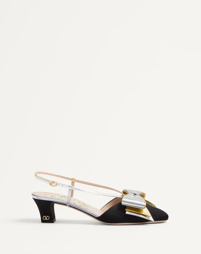 Valentino Pumps Woman Bowow Slingback Pumps In Moir Fabric 45mm For Woman In Blacksilver Blacksilver Valentino Pumps Woman Bowow Slingback Pumps In Moir Fabric 45mm For Woman In Blacksilver Blacksilver