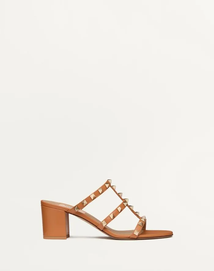 Valentino Sandals Woman Rockstud Calfskin Leather Slide Sandal 60 Mm For Woman In Almond Almond Valentino Sandals Woman Rockstud Calfskin Leather Slide Sandal 60 Mm For Woman In Almond Almond