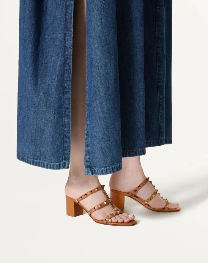 Valentino Sandals Woman Rockstud Calfskin Leather Slide Sandal 60 Mm For Woman In Almond Almond Valentino Sandals Woman Rockstud Calfskin Leather Slide Sandal 60 Mm For Woman In Almond Almond