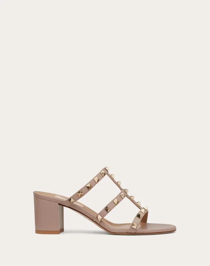 Valentino Sandals Woman Rockstud Calfskin Leather Slide Sandal 60 Mm For Woman In Almond Almond Valentino Sandals Woman Rockstud Calfskin Leather Slide Sandal 60 Mm For Woman In Almond Almond