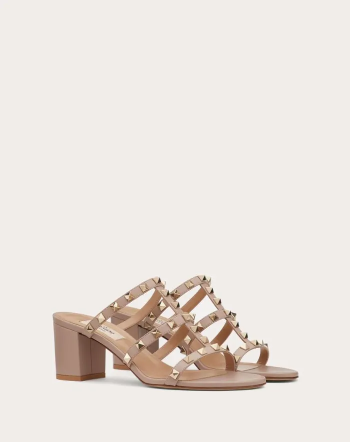 Valentino Sandals Woman Rockstud Calfskin Leather Slide Sandal 60 Mm For Woman In Almond Almond Valentino Sandals Woman Rockstud Calfskin Leather Slide Sandal 60 Mm For Woman In Almond Almond