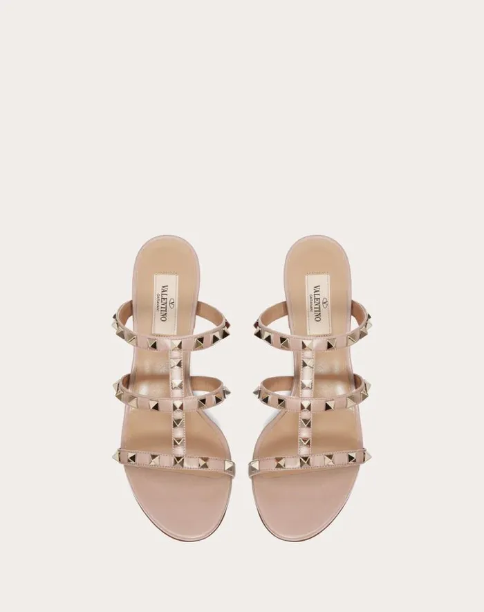 Valentino Sandals Woman Rockstud Calfskin Leather Slide Sandal 60 Mm For Woman In Almond Almond Valentino Sandals Woman Rockstud Calfskin Leather Slide Sandal 60 Mm For Woman In Almond Almond