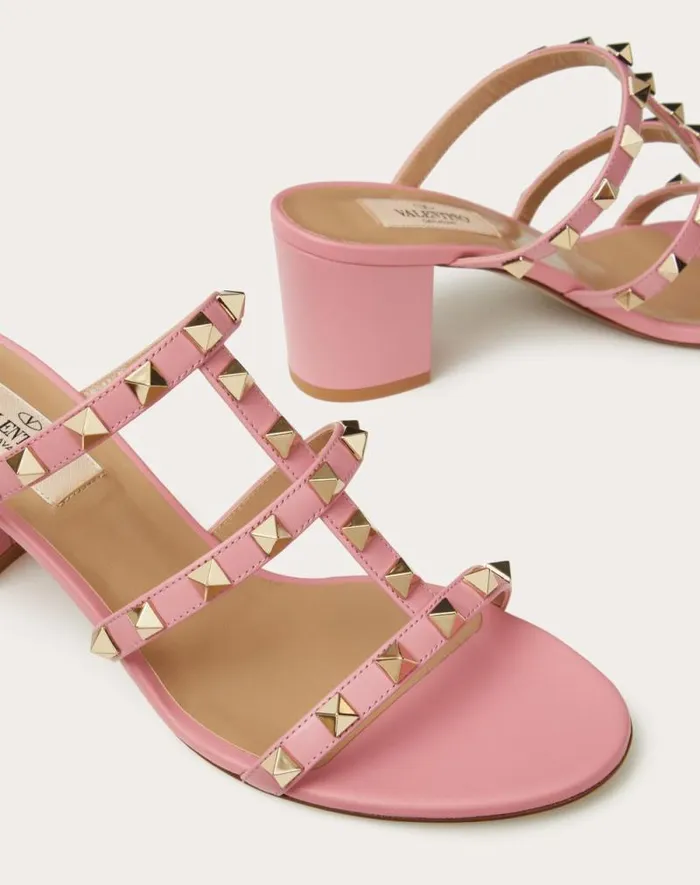Valentino Sandals Woman Rockstud Calfskin Leather Slide Sandal 60 Mm For Woman In Almond Almond Valentino Sandals Woman Rockstud Calfskin Leather Slide Sandal 60 Mm For Woman In Almond Almond