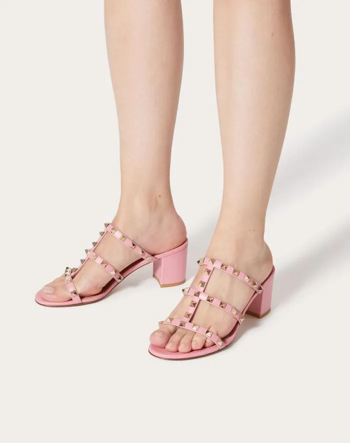 Valentino Sandals Woman Rockstud Calfskin Leather Slide Sandal 60 Mm For Woman In Almond Almond Valentino Sandals Woman Rockstud Calfskin Leather Slide Sandal 60 Mm For Woman In Almond Almond