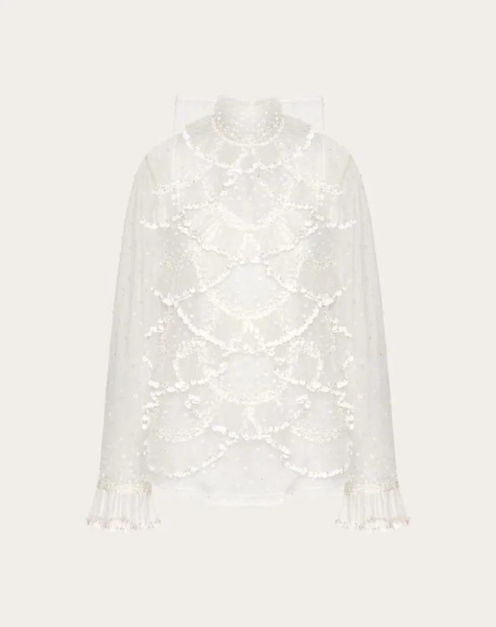 Valentino Shirts And Tops Woman Tulle Illusione Embroidered Top For Woman In Ivory Ivory