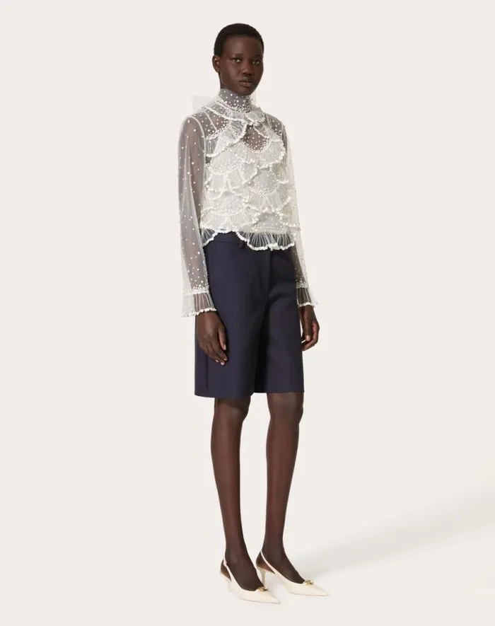 Valentino Shirts And Tops Woman Tulle Illusione Embroidered Top For Woman In Ivory Ivory