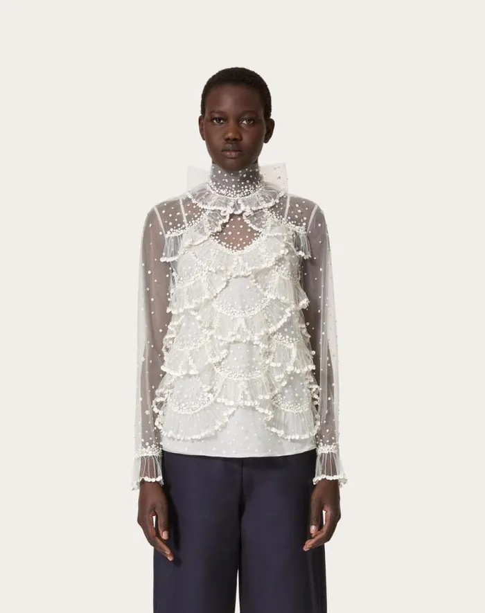Valentino Shirts And Tops Woman Tulle Illusione Embroidered Top For Woman In Ivory Ivory