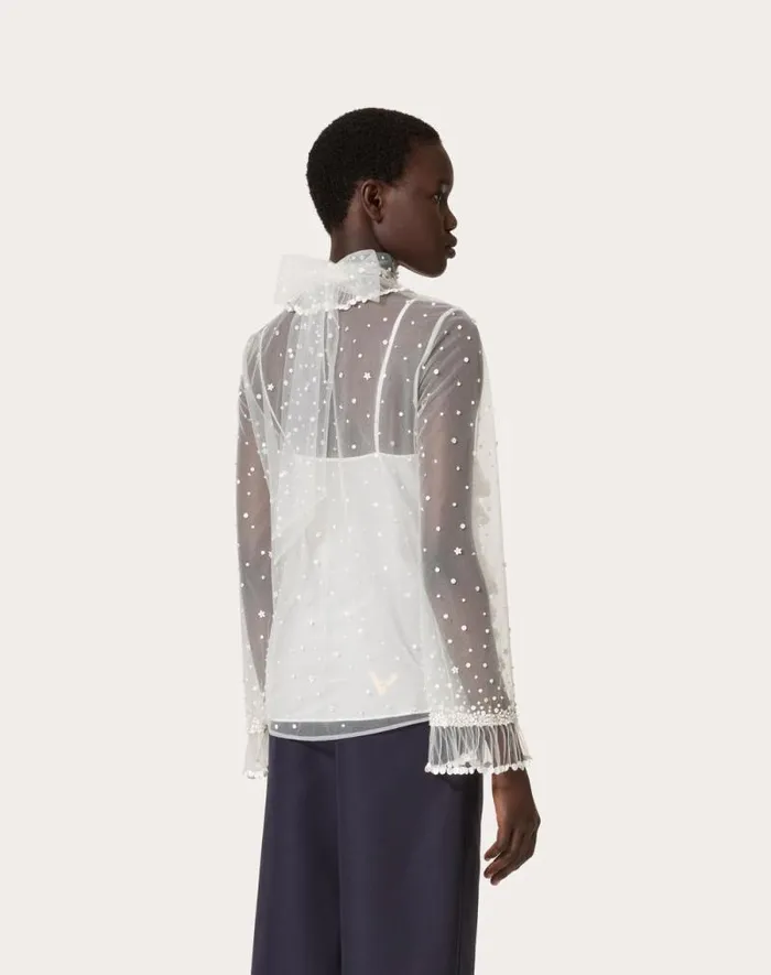 Valentino Shirts And Tops Woman Tulle Illusione Embroidered Top For Woman In Ivory Ivory