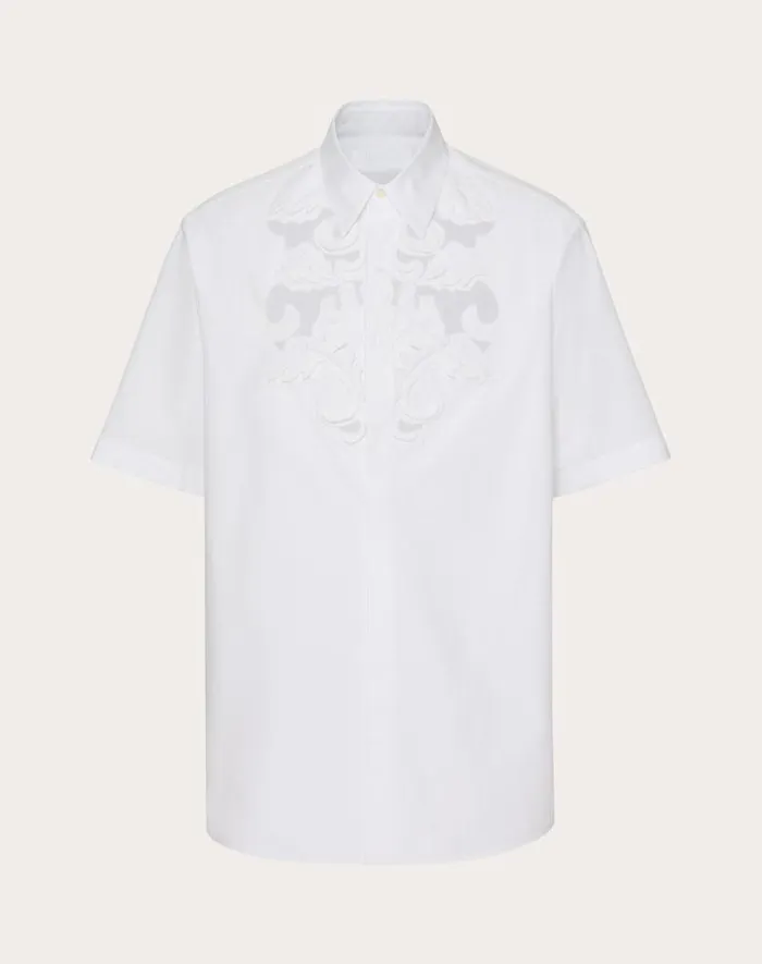Valentino Shirts Man Cotton Poplin Bowling Shirt With High Relief Embroidery For Man In White White