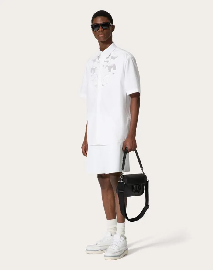 Valentino Shirts Man Cotton Poplin Bowling Shirt With High Relief Embroidery For Man In White White Valentino Shirts Man Cotton Poplin Bowling Shirt With High Relief Embroidery For Man In White White
