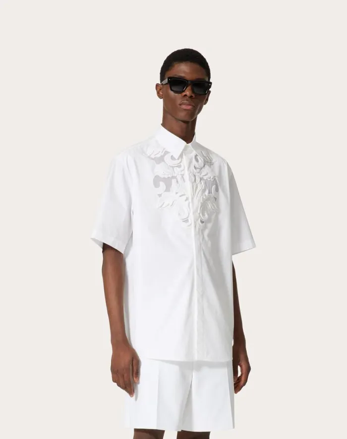Valentino Shirts Man Cotton Poplin Bowling Shirt With High Relief Embroidery For Man In White White Valentino Shirts Man Cotton Poplin Bowling Shirt With High Relief Embroidery For Man In White White