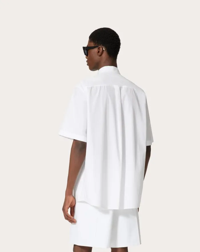 Valentino Shirts Man Cotton Poplin Bowling Shirt With High Relief Embroidery For Man In White White Valentino Shirts Man Cotton Poplin Bowling Shirt With High Relief Embroidery For Man In White White