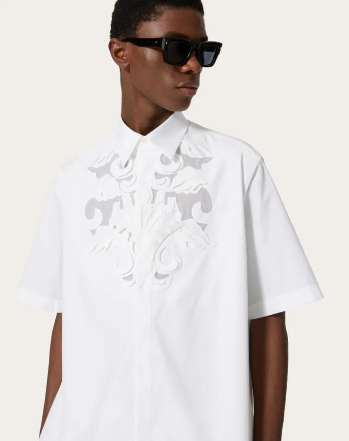 Valentino Shirts Man Cotton Poplin Bowling Shirt With High Relief Embroidery For Man In White White Valentino Shirts Man Cotton Poplin Bowling Shirt With High Relief Embroidery For Man In White White