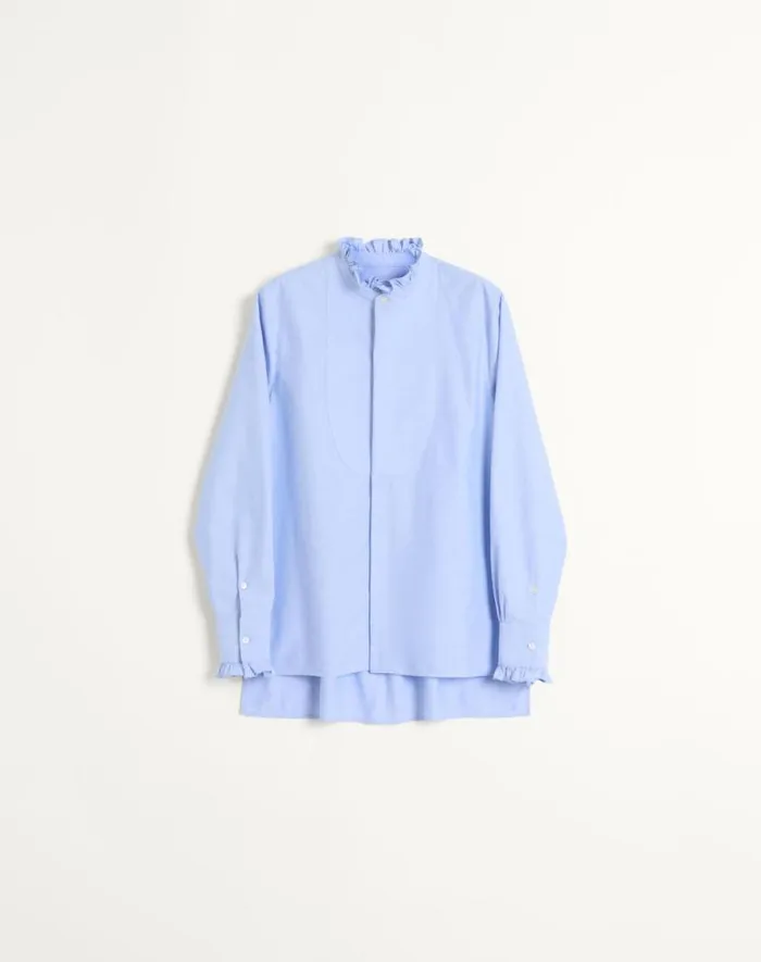 Valentino Shirts Man Cotton Shirt With Plastron And Ruffles For Man In Sky Blue Sky Blue
