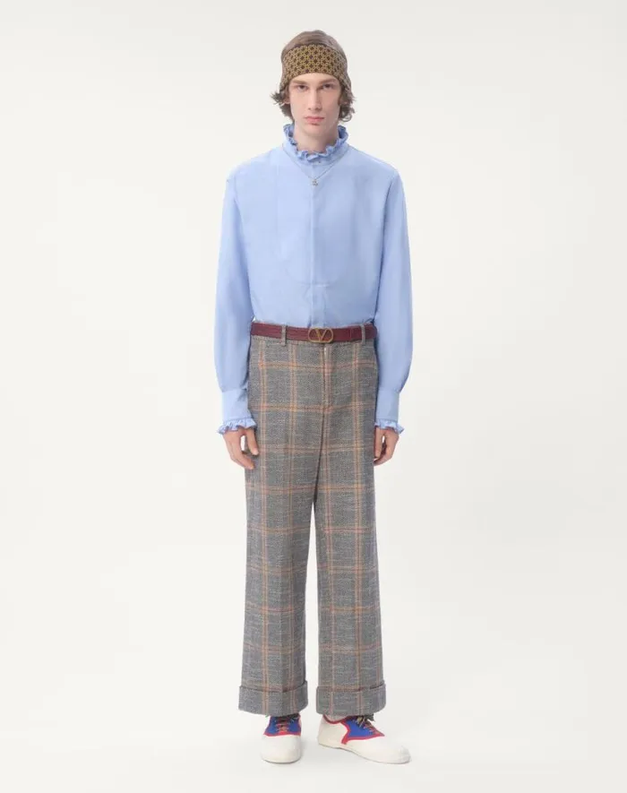 Valentino Shirts Man Cotton Shirt With Plastron And Ruffles For Man In Sky Blue Sky Blue Valentino Shirts Man Cotton Shirt With Plastron And Ruffles For Man In Sky Blue Sky Blue