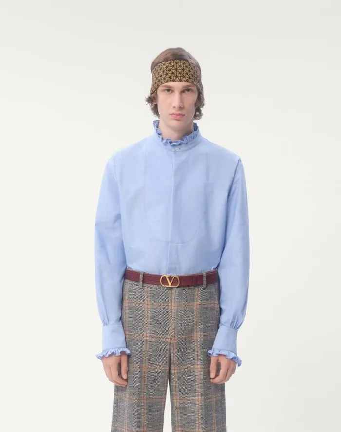 Valentino Shirts Man Cotton Shirt With Plastron And Ruffles For Man In Sky Blue Sky Blue Valentino Shirts Man Cotton Shirt With Plastron And Ruffles For Man In Sky Blue Sky Blue